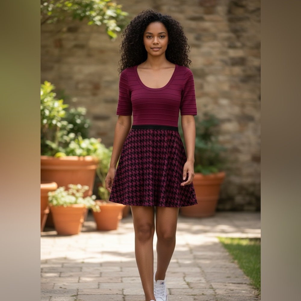 Candie’s Burgundy Houndstooth Fit & Flare Sweater Dress Size Small